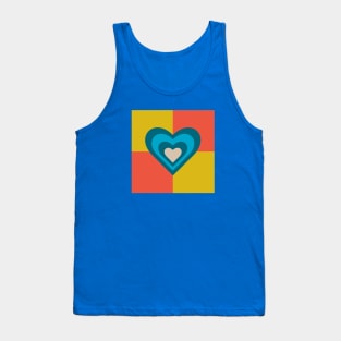 LOVE HEARTS CHECKERBOARD Retro Alt Valentines in Teal Blue Cream on Orange Yellow Geometric Grid - UnBlink Studio by Jackie Tahara Tank Top